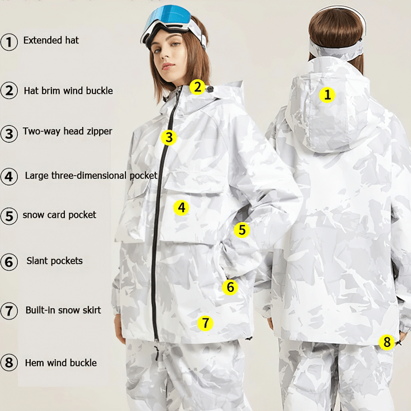 Woman modeling a white camouflage skiing jacket with a two-way zip, large pockets, and hood. Features numbered for design details.